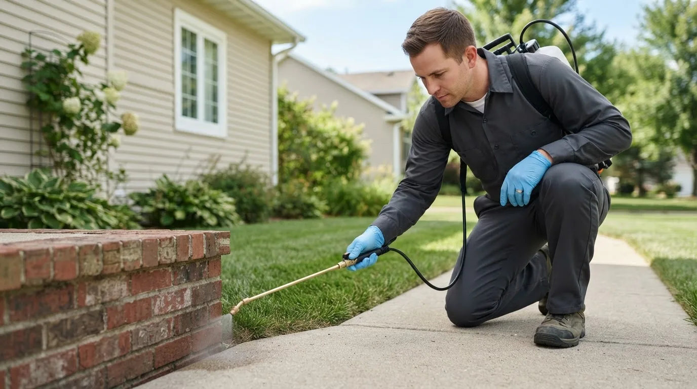Pest control technician treating a home near Laverne, OK